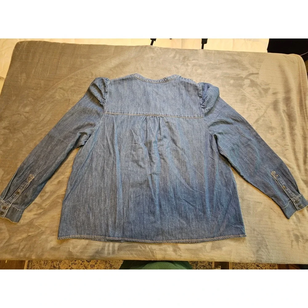 Boden Denim Blouse Medium Wash Puff Shoulder Button Front Top US 20-22